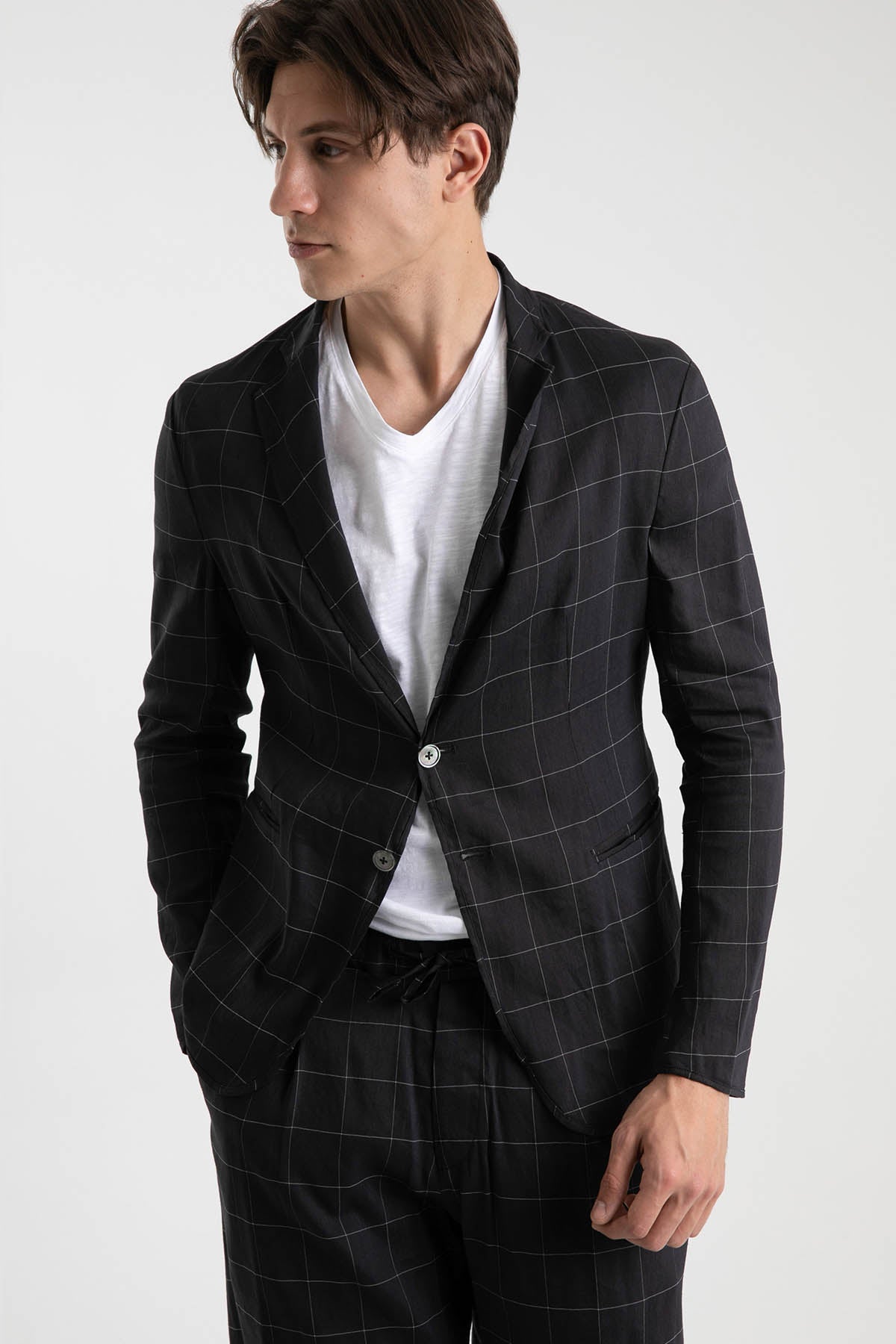 Emporio Armani Slim Fit Astarsız Kareli Ceket