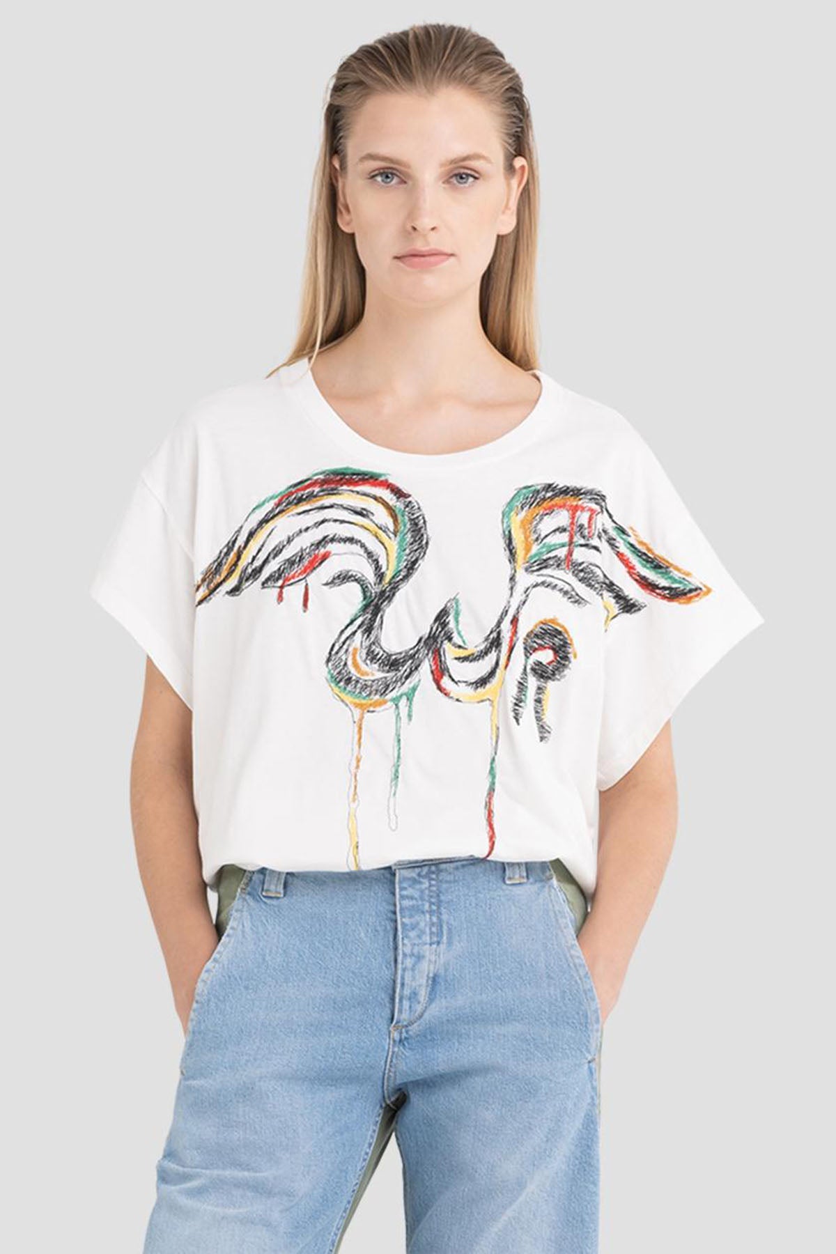 Replay Geniş Kesim Nakış Desenli Yuvarlak Yaka T-shirt