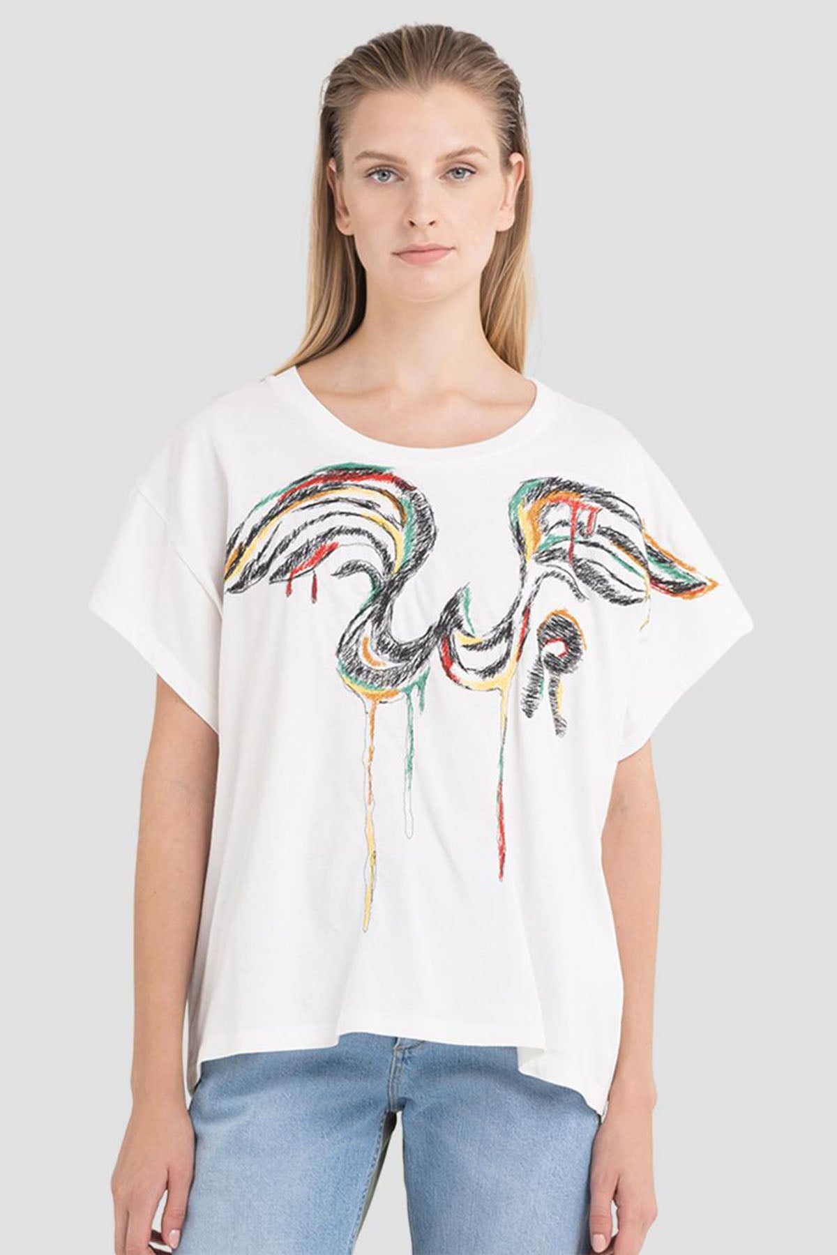 Replay Geniş Kesim Nakış Desenli Yuvarlak Yaka T-shirt