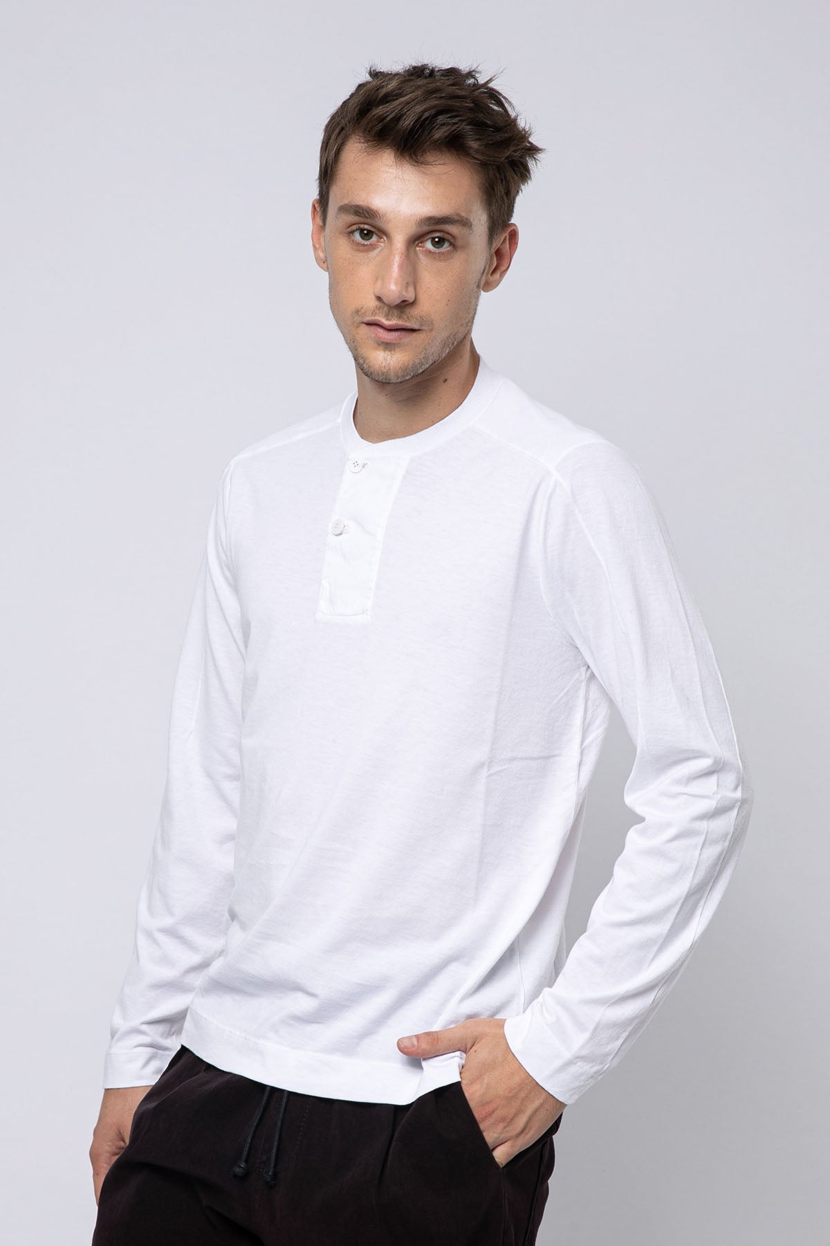 Transit Düğmeli Yuvarlak Yaka Uzun Kollu T-shirt