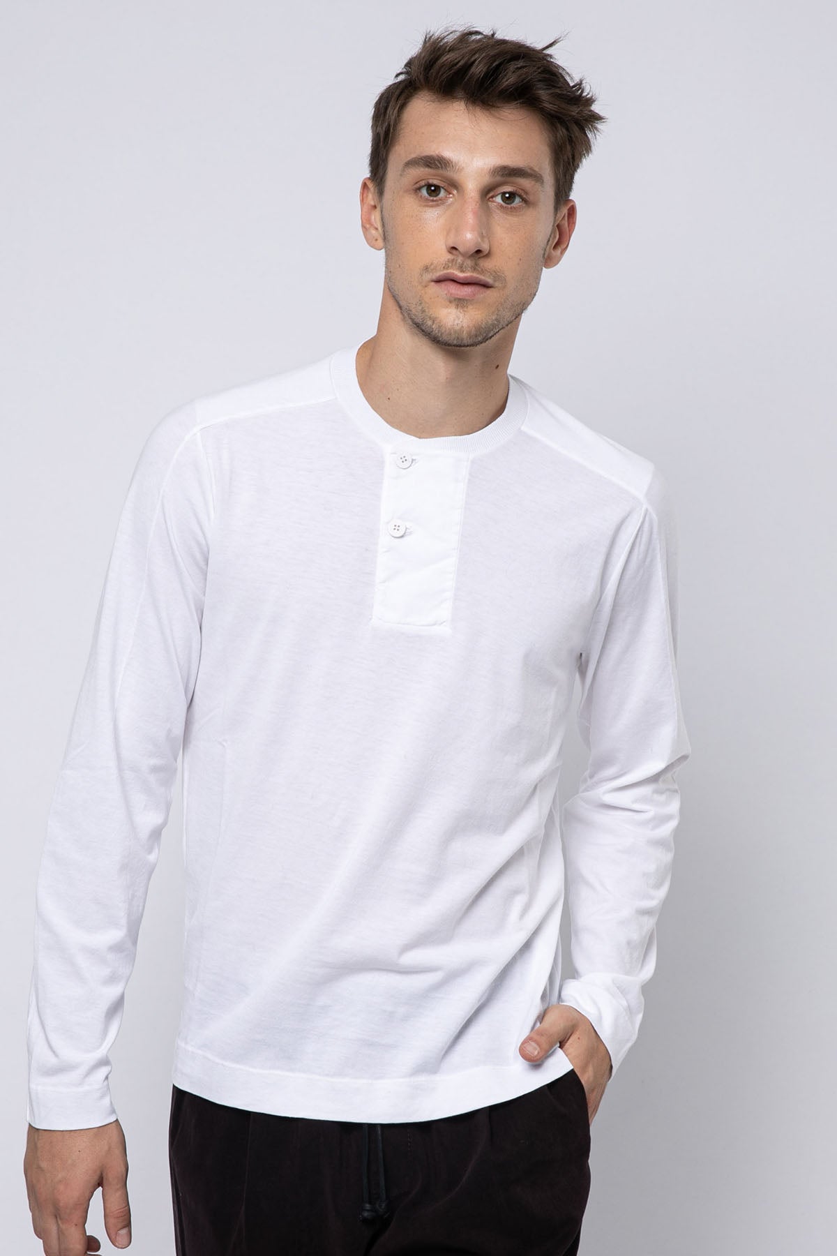 Transit Düğmeli Yuvarlak Yaka Uzun Kollu T-shirt