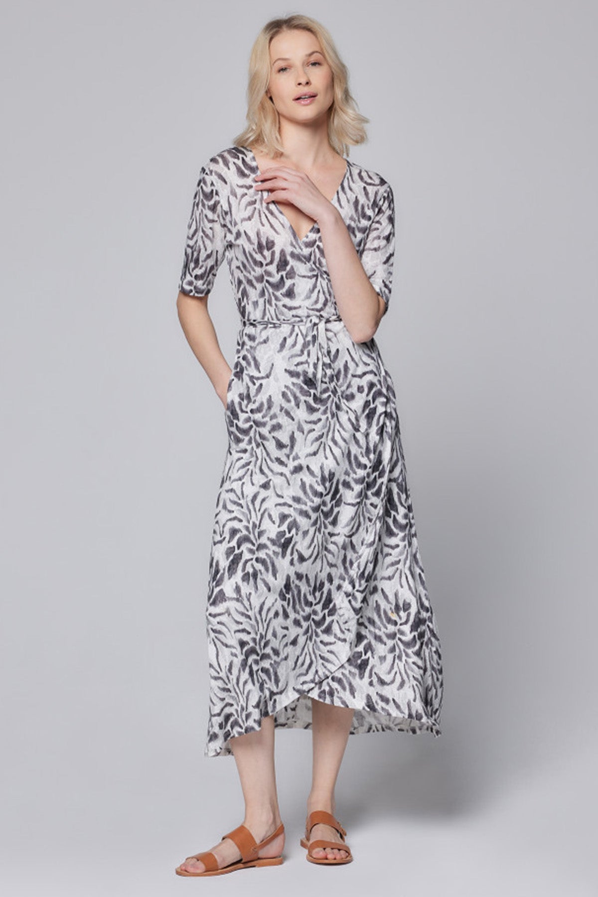 Majestic V Yaka Midi Streç Keten Elbise