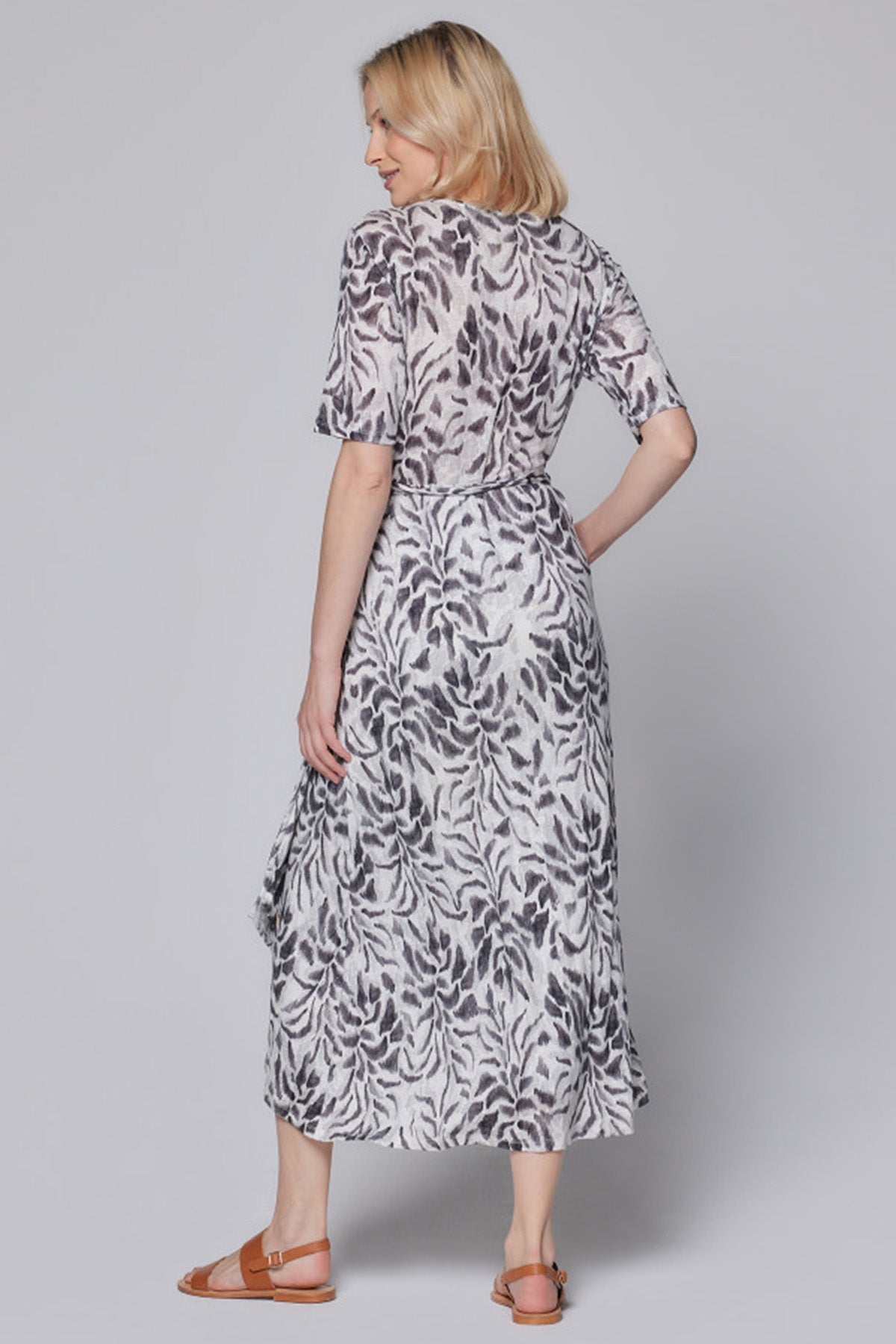 Majestic V Yaka Midi Streç Keten Elbise