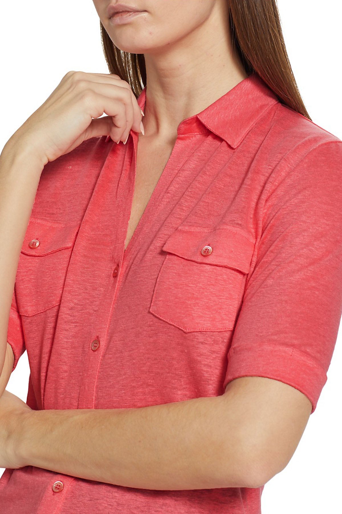 Majestic Cep Detaylı Streç Keten Gömlek