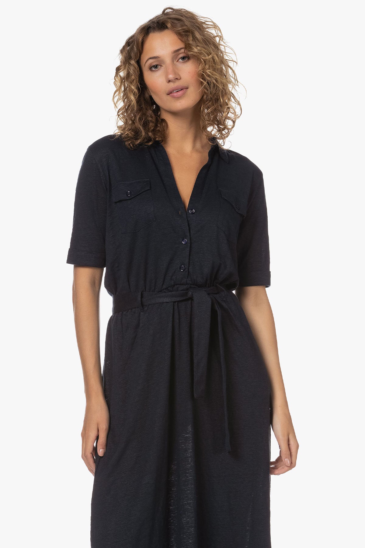 Majestic Belden Kuşaklı Midi Streç Keten Elbise-Libas Trendy Fashion Store