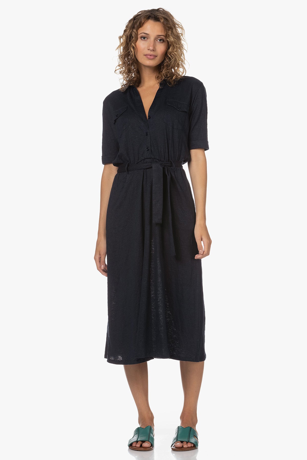 Majestic Belden Kuşaklı Midi Streç Keten Elbise-Libas Trendy Fashion Store