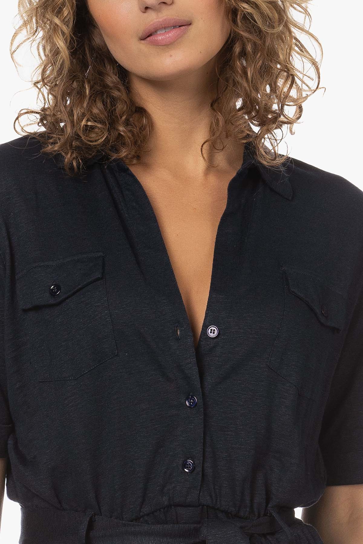 Majestic Belden Kuşaklı Midi Streç Keten Elbise-Libas Trendy Fashion Store