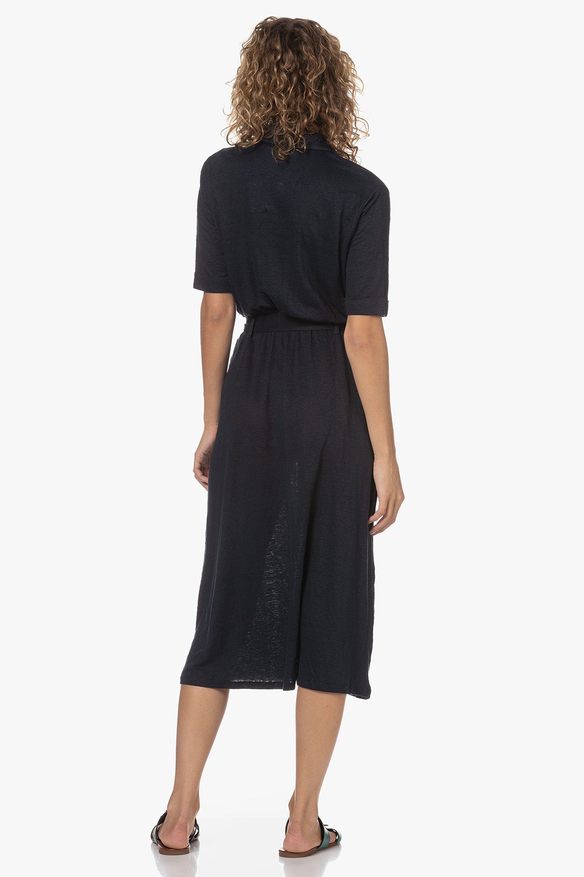 Majestic Belden Kuşaklı Midi Streç Keten Elbise-Libas Trendy Fashion Store