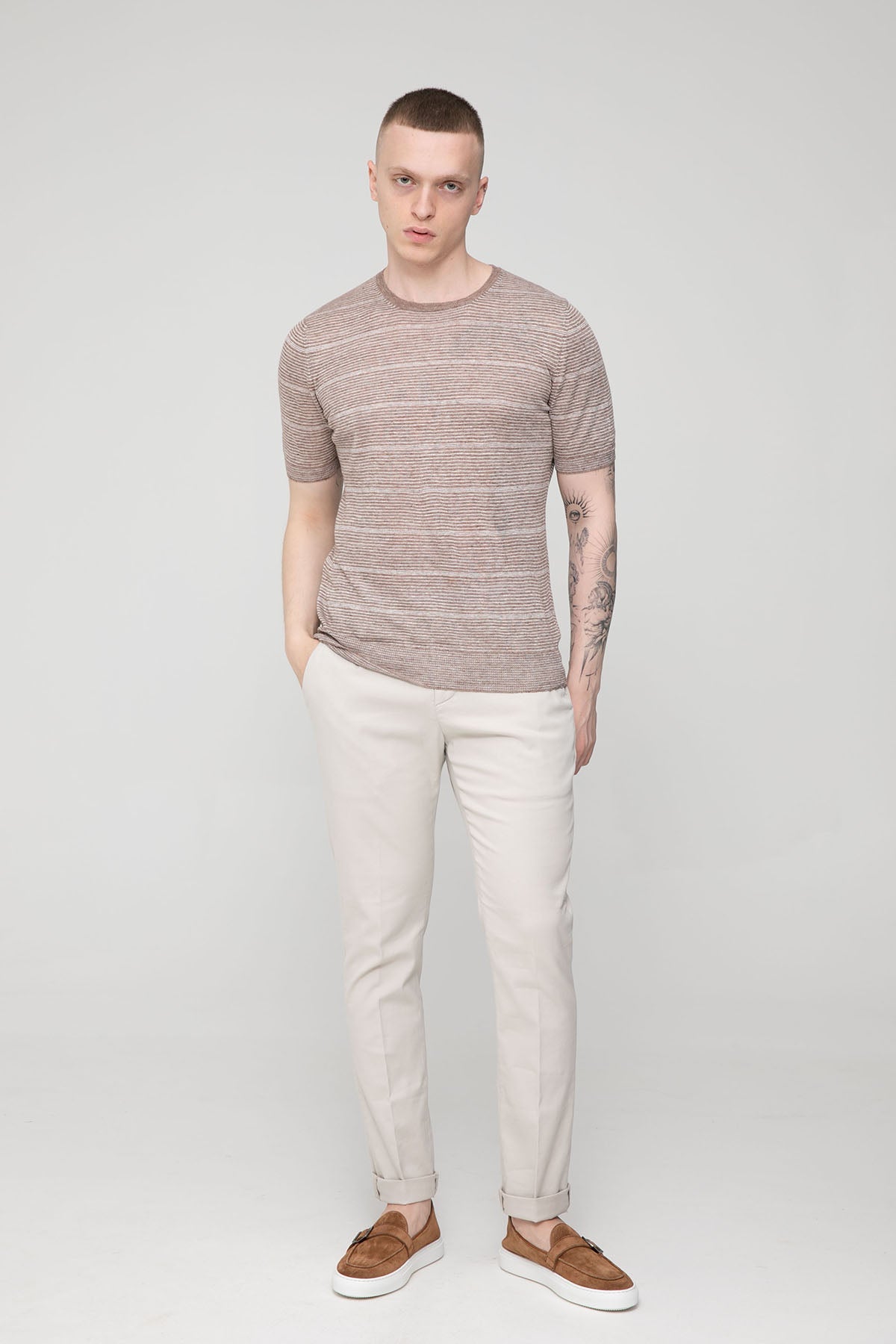 Gran Sasso Slim Fit Çizgili Keten T-shirt