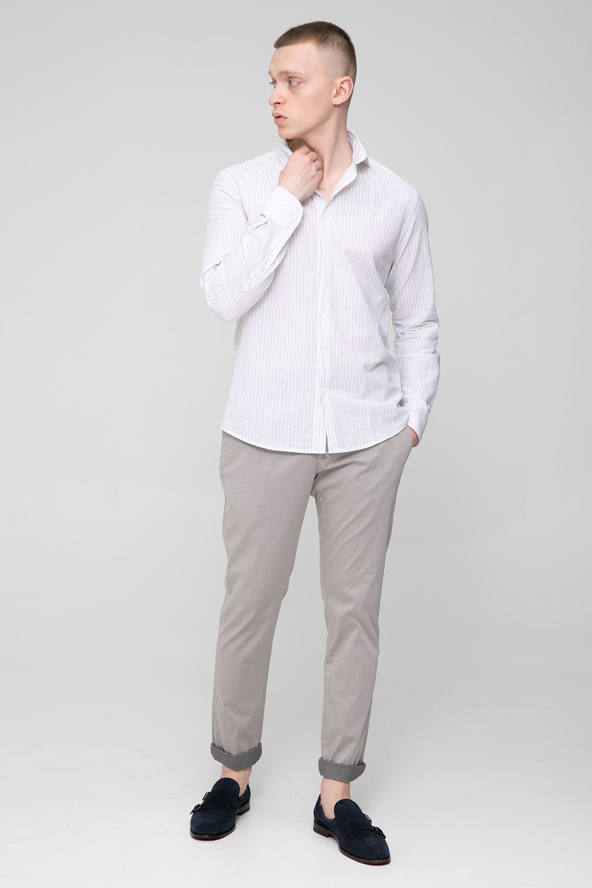 Fradi Çizgili İtalyan Yaka Ketenli Gömlek