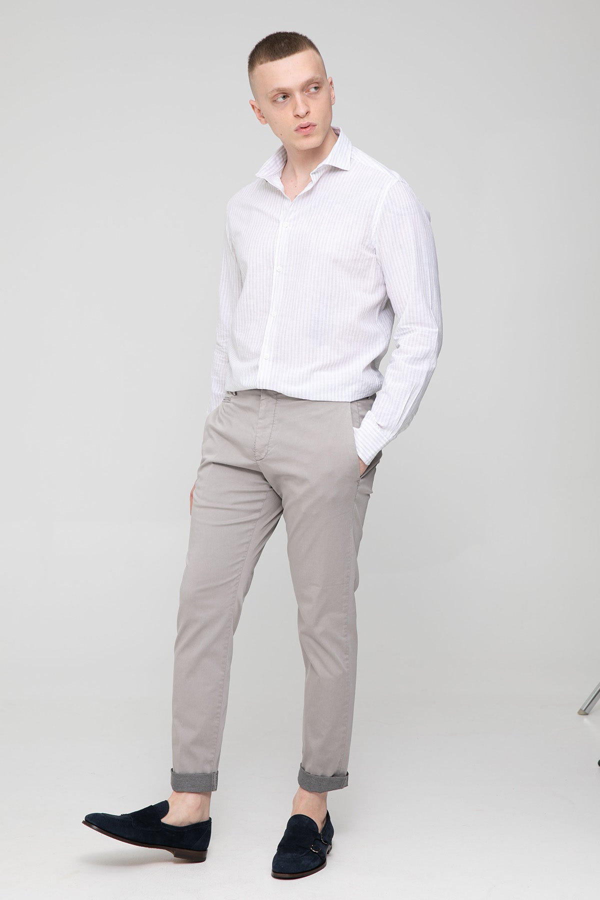 Fradi Çizgili İtalyan Yaka Ketenli Gömlek