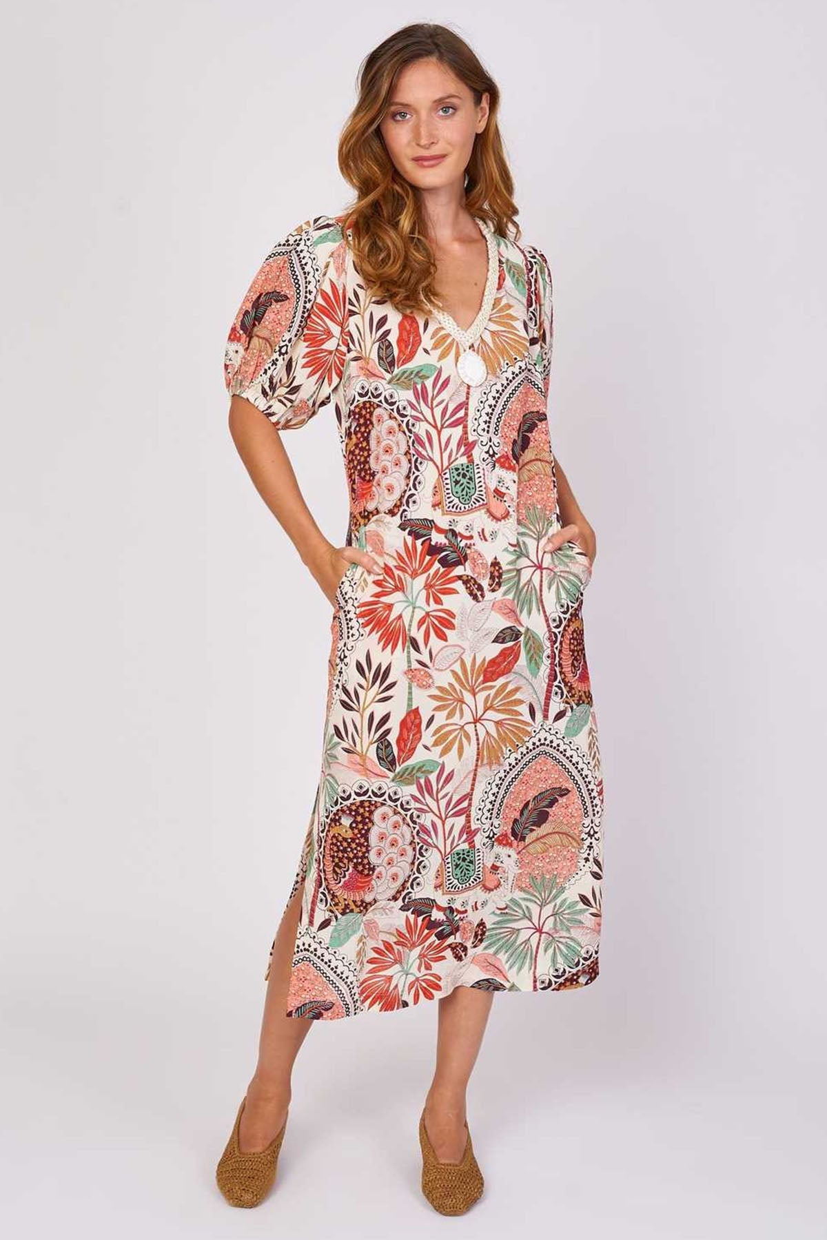 Rene Derhy Ceramique V Yaka Midi Elbise