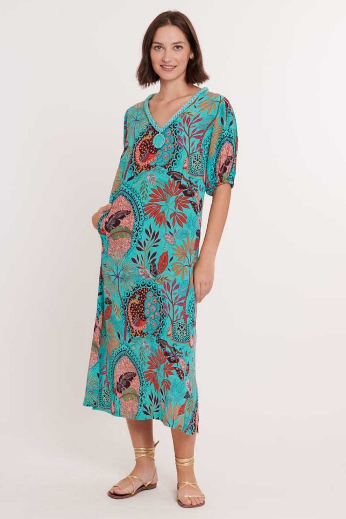 Rene Derhy Ceramique V Yaka Midi Elbise