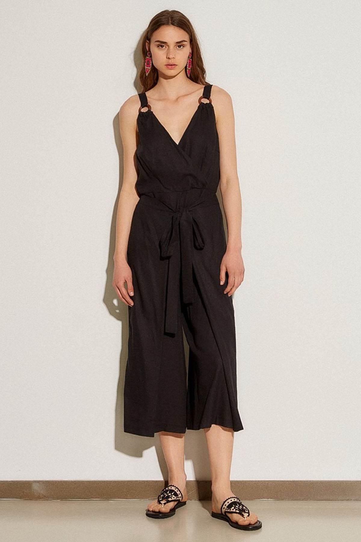 Bsb Derin V Yaka Belden Kuşaklı Ketenli Tulum-Libas Trendy Fashion Store