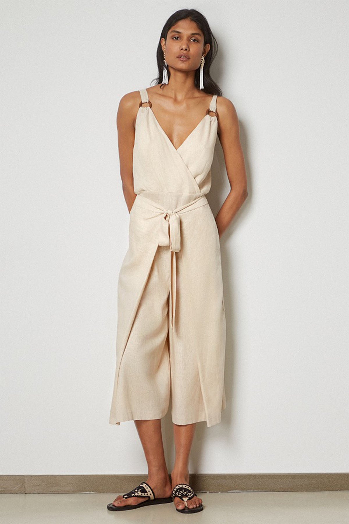 Bsb Derin V Yaka Belden Kuşaklı Ketenli Tulum-Libas Trendy Fashion Store