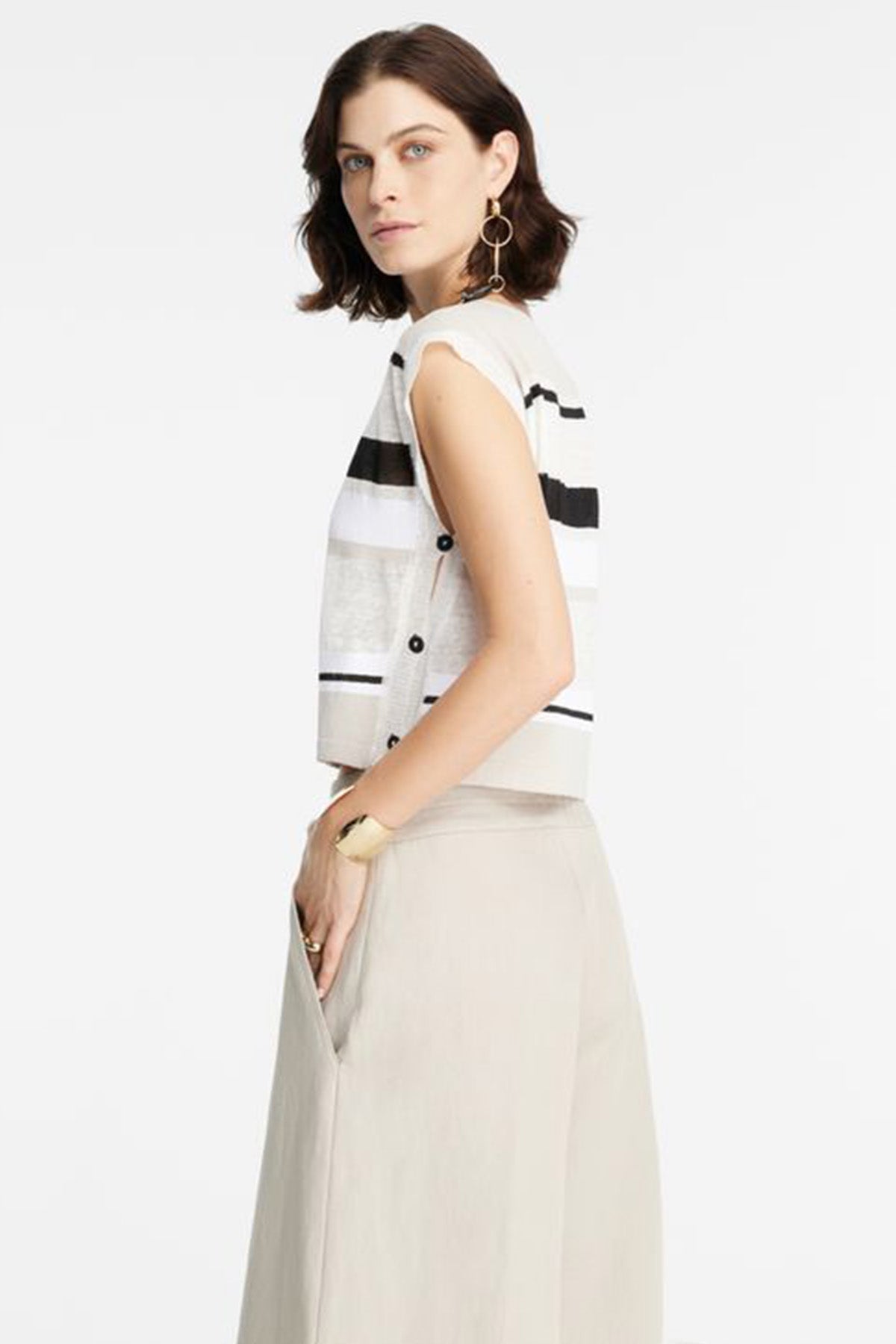 Sarah Pacini Düğme Detaylı Ketenli Kolsuz Bluz-Libas Trendy Fashion Store