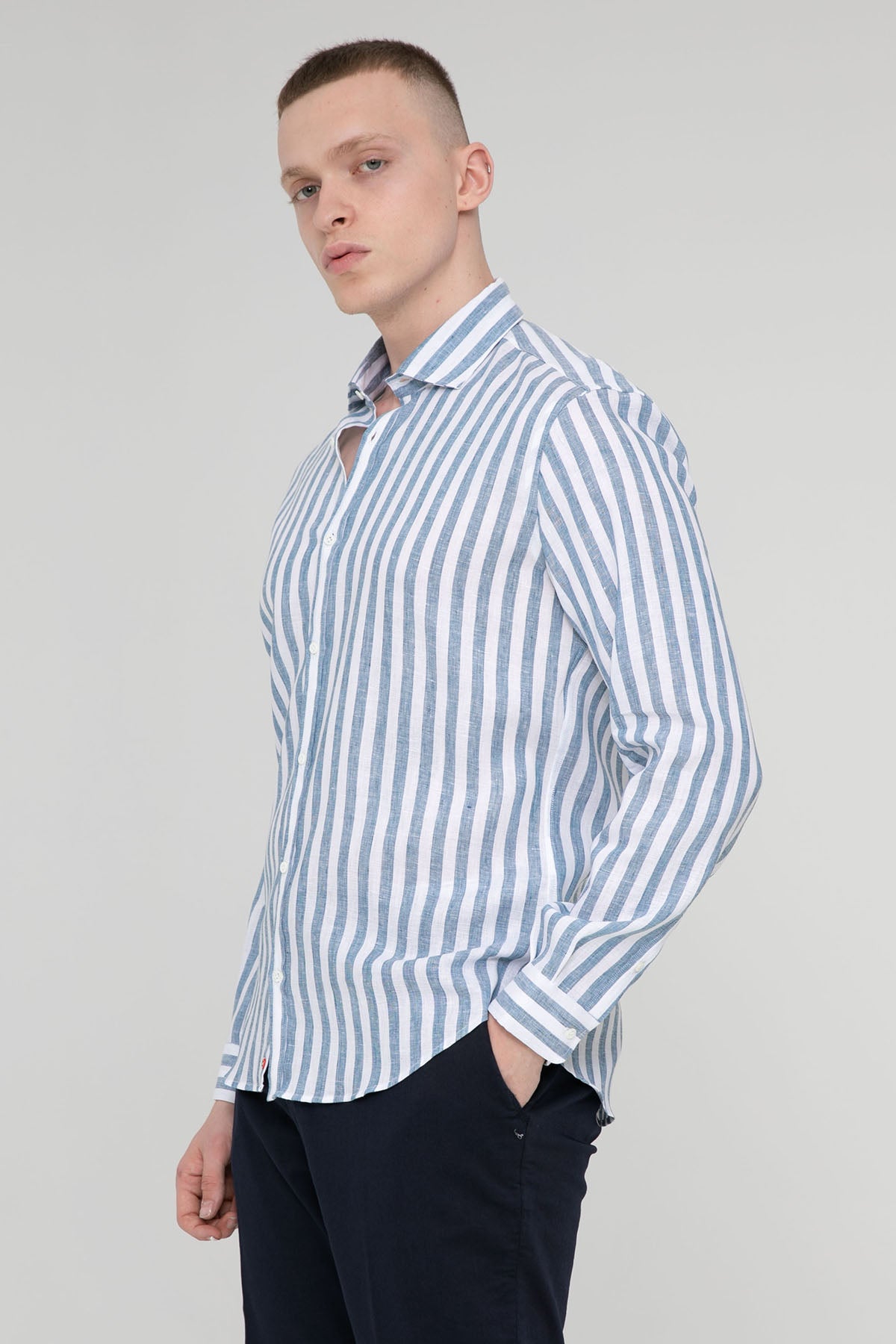 Poggianti Pisa İtalyan Yaka Çizgili Keten Gömlek-Libas Trendy Fashion Store