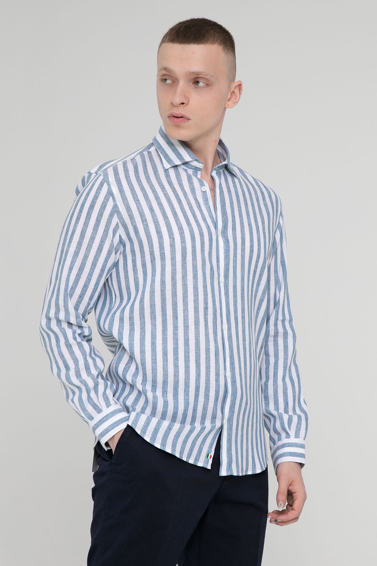 Poggianti Pisa İtalyan Yaka Çizgili Keten Gömlek-Libas Trendy Fashion Store