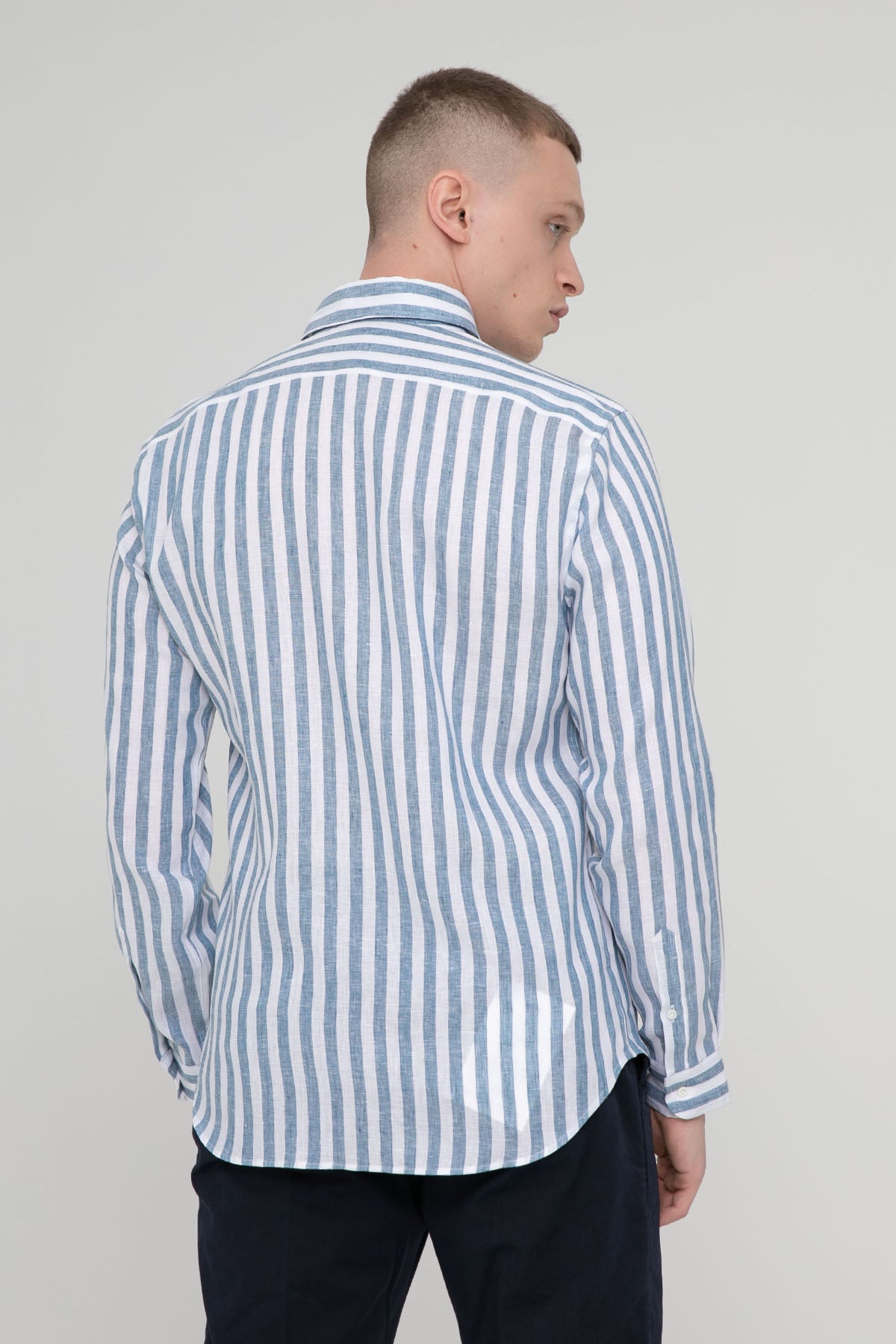 Poggianti Pisa İtalyan Yaka Çizgili Keten Gömlek-Libas Trendy Fashion Store