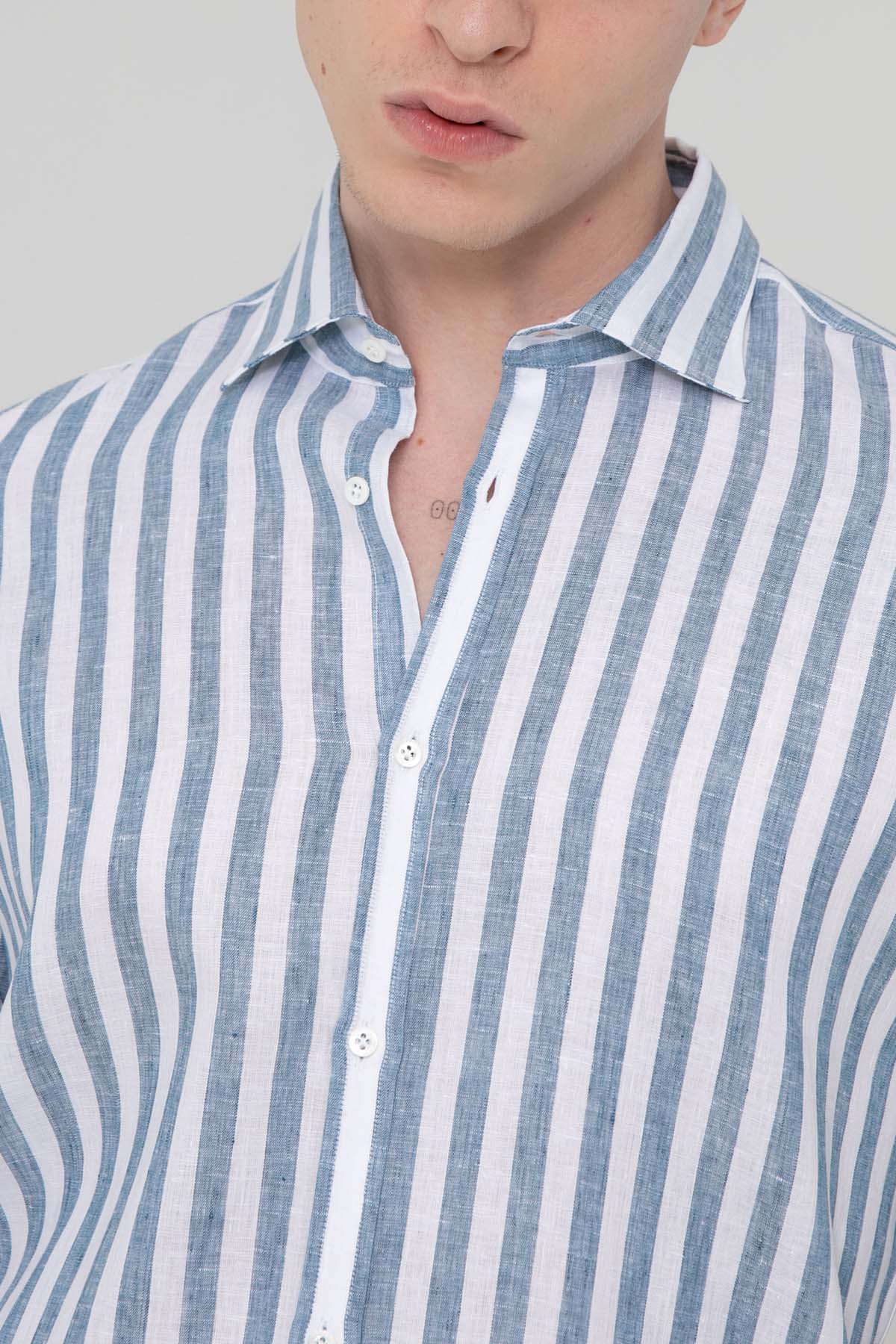 Poggianti Pisa İtalyan Yaka Çizgili Keten Gömlek-Libas Trendy Fashion Store