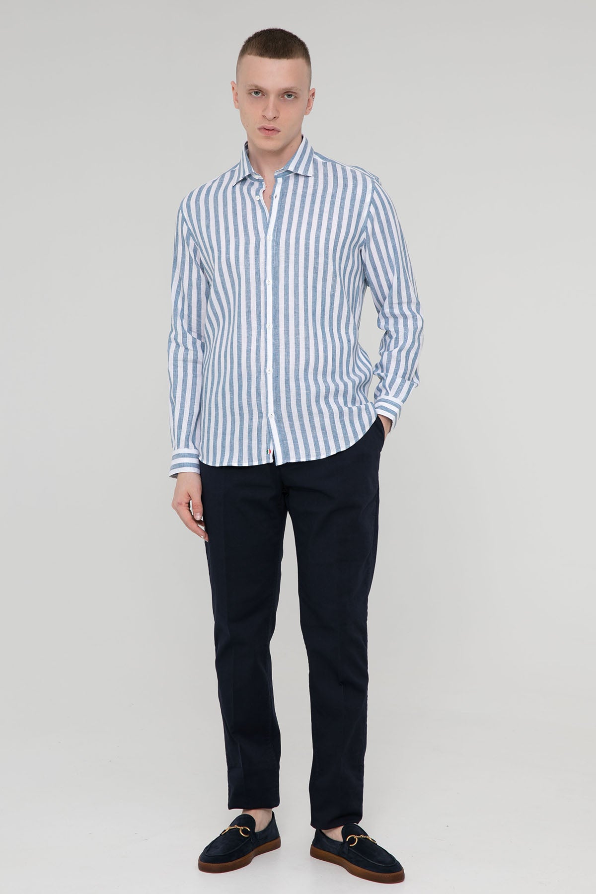 Poggianti Pisa İtalyan Yaka Çizgili Keten Gömlek-Libas Trendy Fashion Store