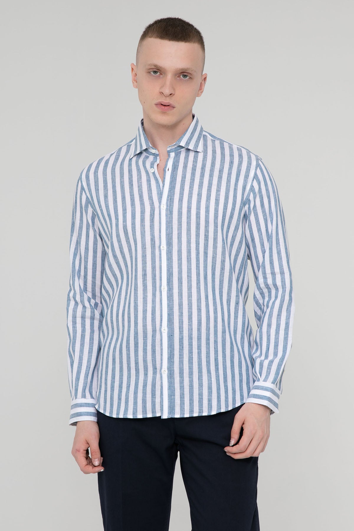 Poggianti Pisa İtalyan Yaka Çizgili Keten Gömlek-Libas Trendy Fashion Store