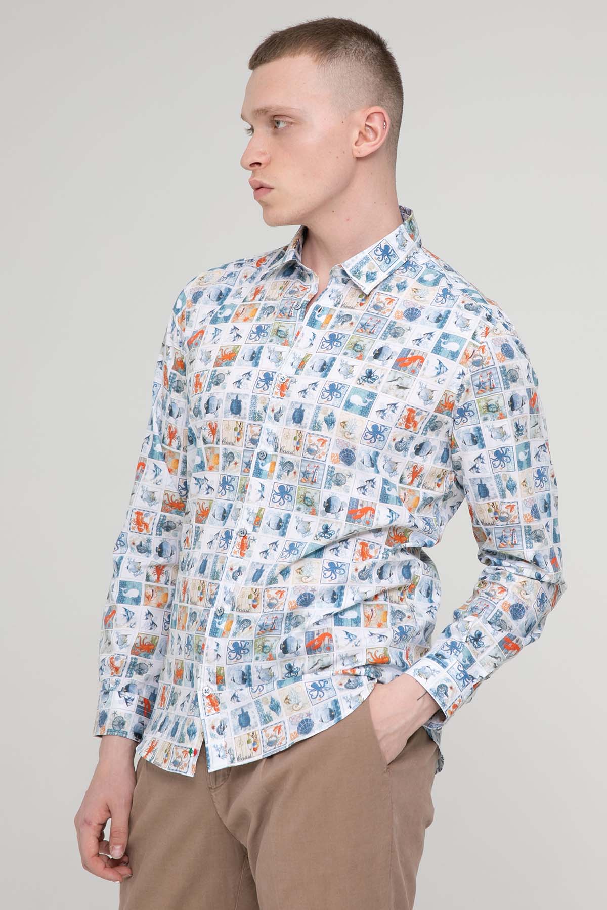 Poggianti Pisa Klasik Yaka Deniz Temalı Gömlek-Libas Trendy Fashion Store