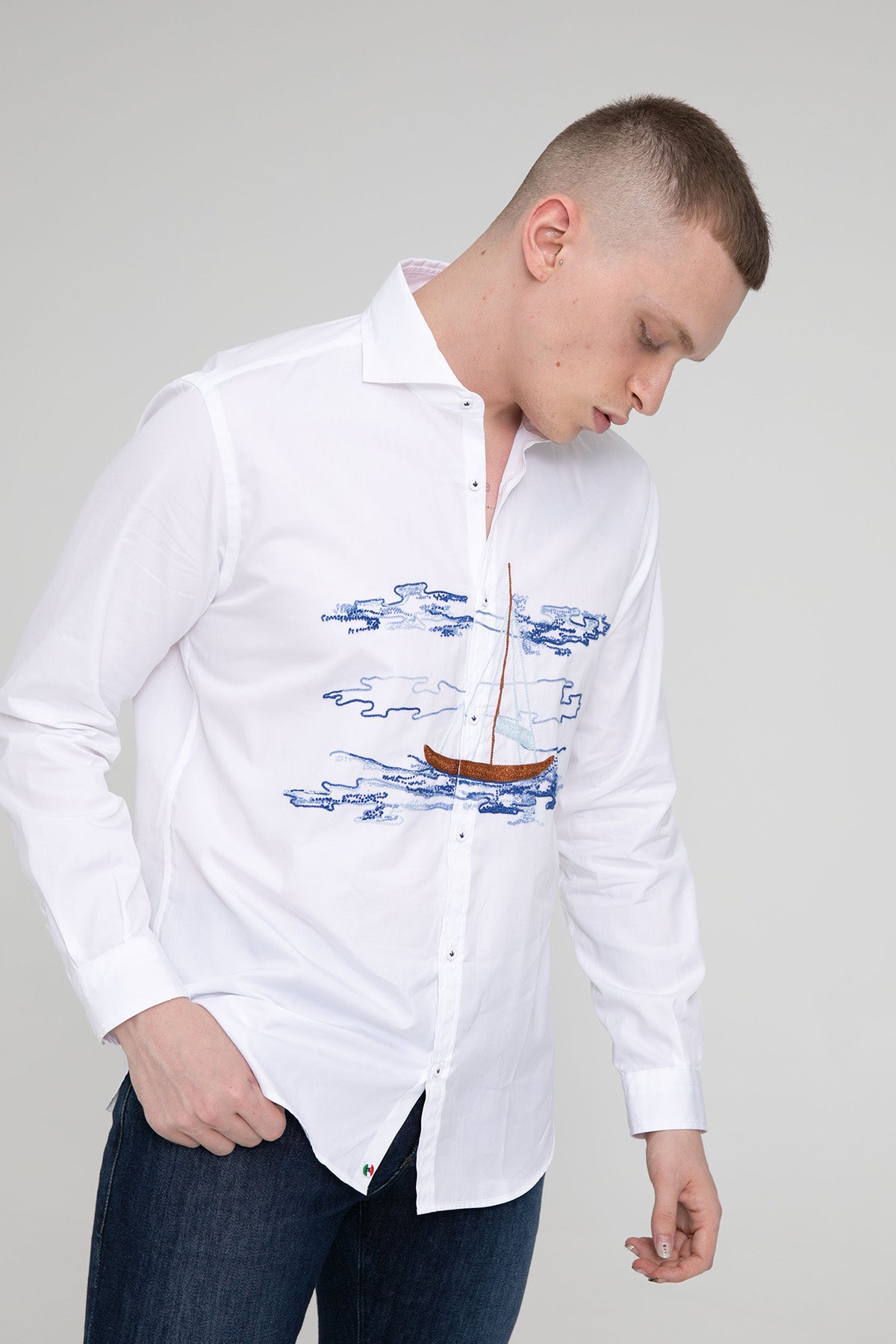 Poggianti Pisa İtalyan Yaka Nakış Yelkenli Desenli Gömlek-Libas Trendy Fashion Store