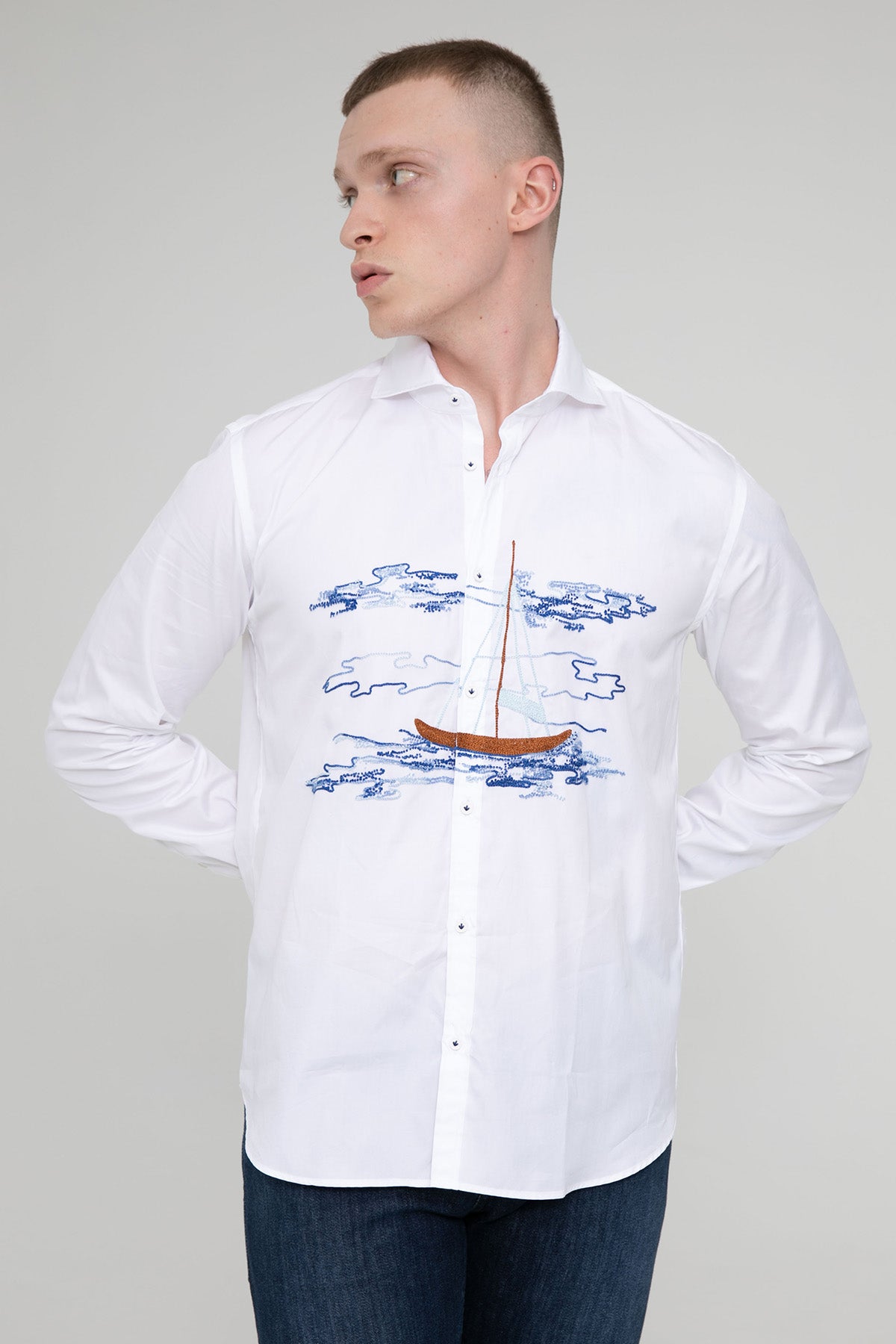 Poggianti Pisa İtalyan Yaka Nakış Yelkenli Desenli Gömlek-Libas Trendy Fashion Store