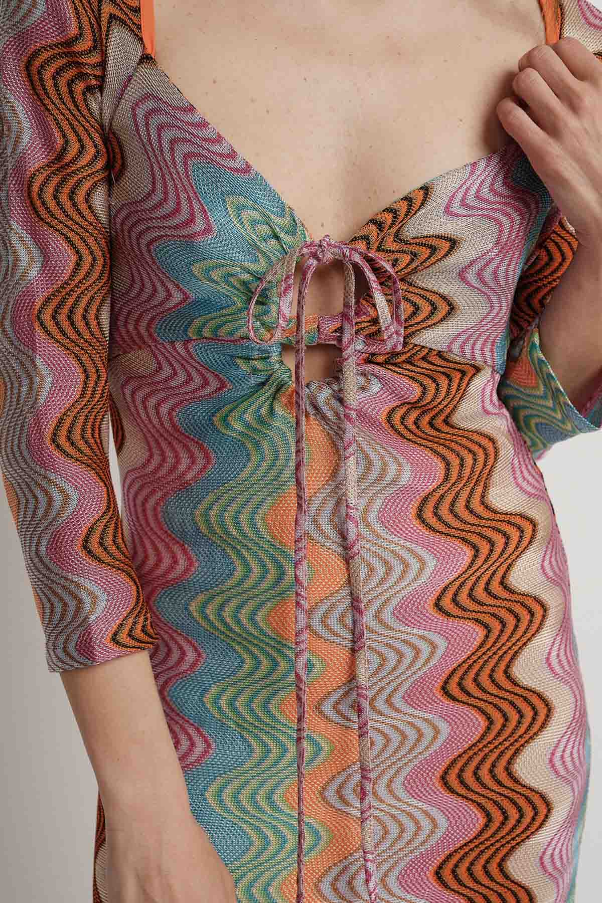 Meme Road V Yaka Renkli Örgü Midi Elbise-Libas Trendy Fashion Store