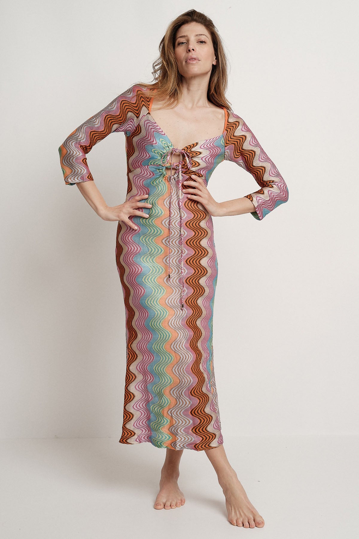 Meme Road V Yaka Renkli Örgü Midi Elbise-Libas Trendy Fashion Store