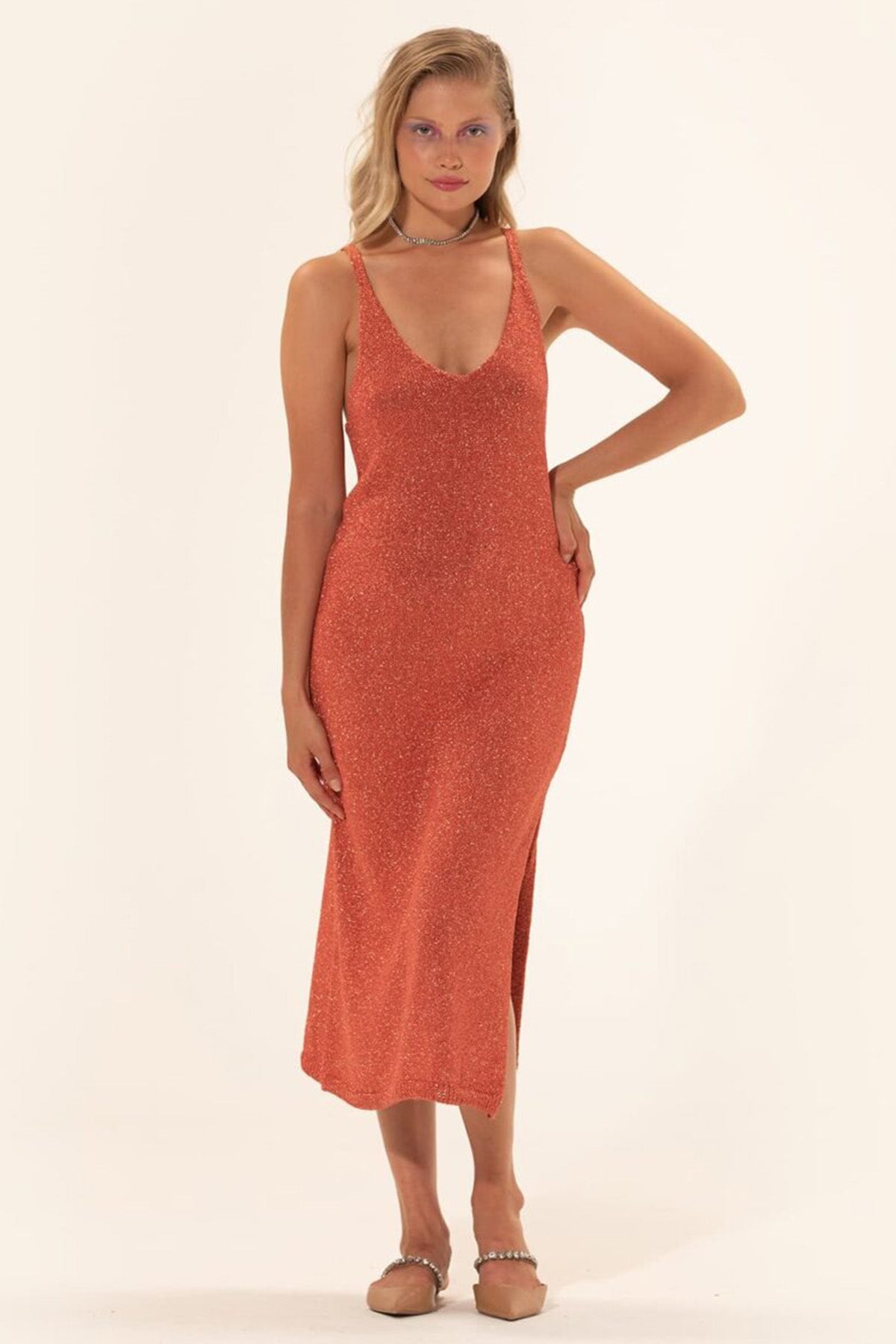 Meme Road Askılı V Yaka Midi Elbise-Libas Trendy Fashion Store