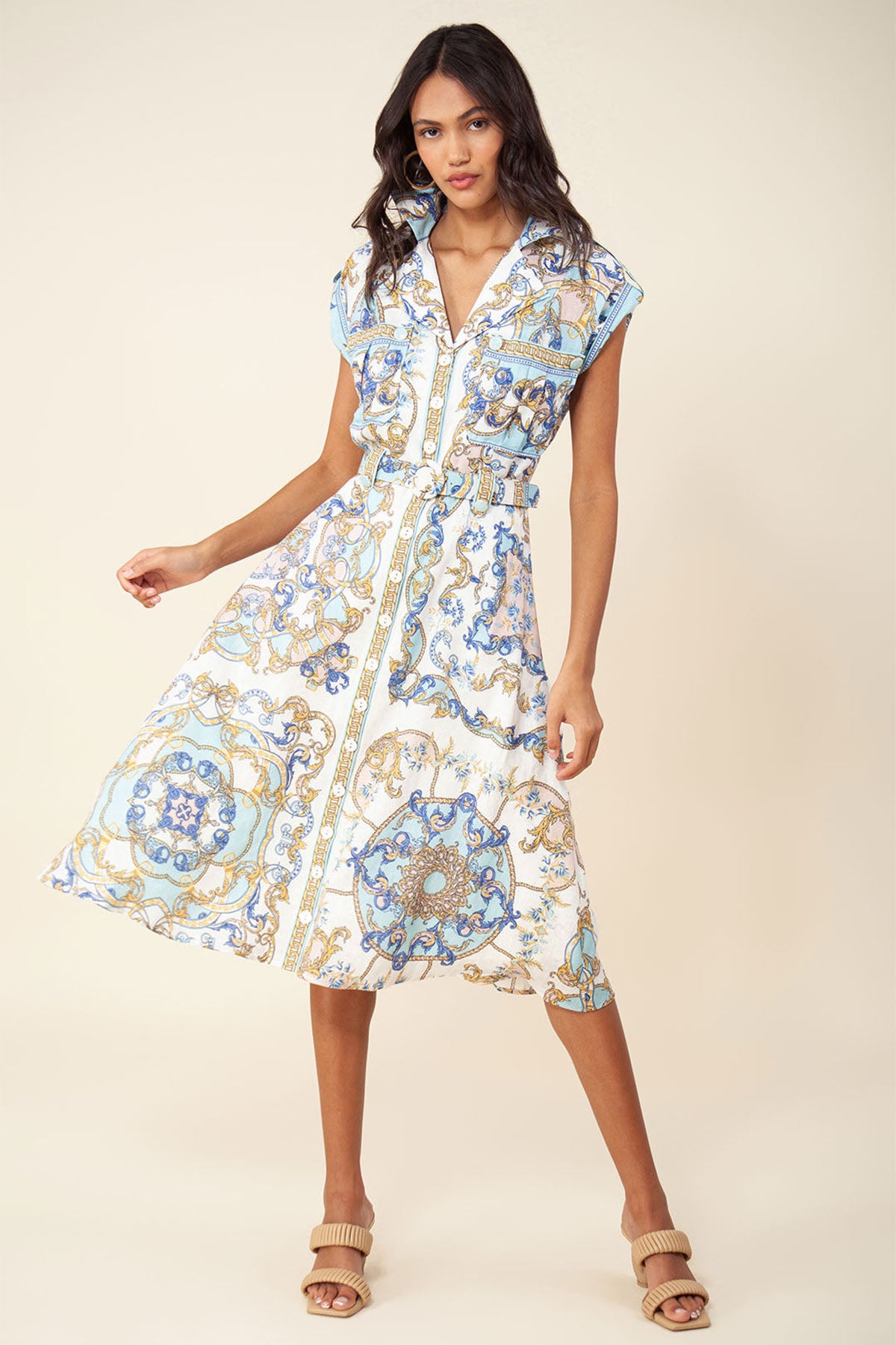 Hale Bob Daisie Kemerli Midi Keten Elbise-Libas Trendy Fashion Store