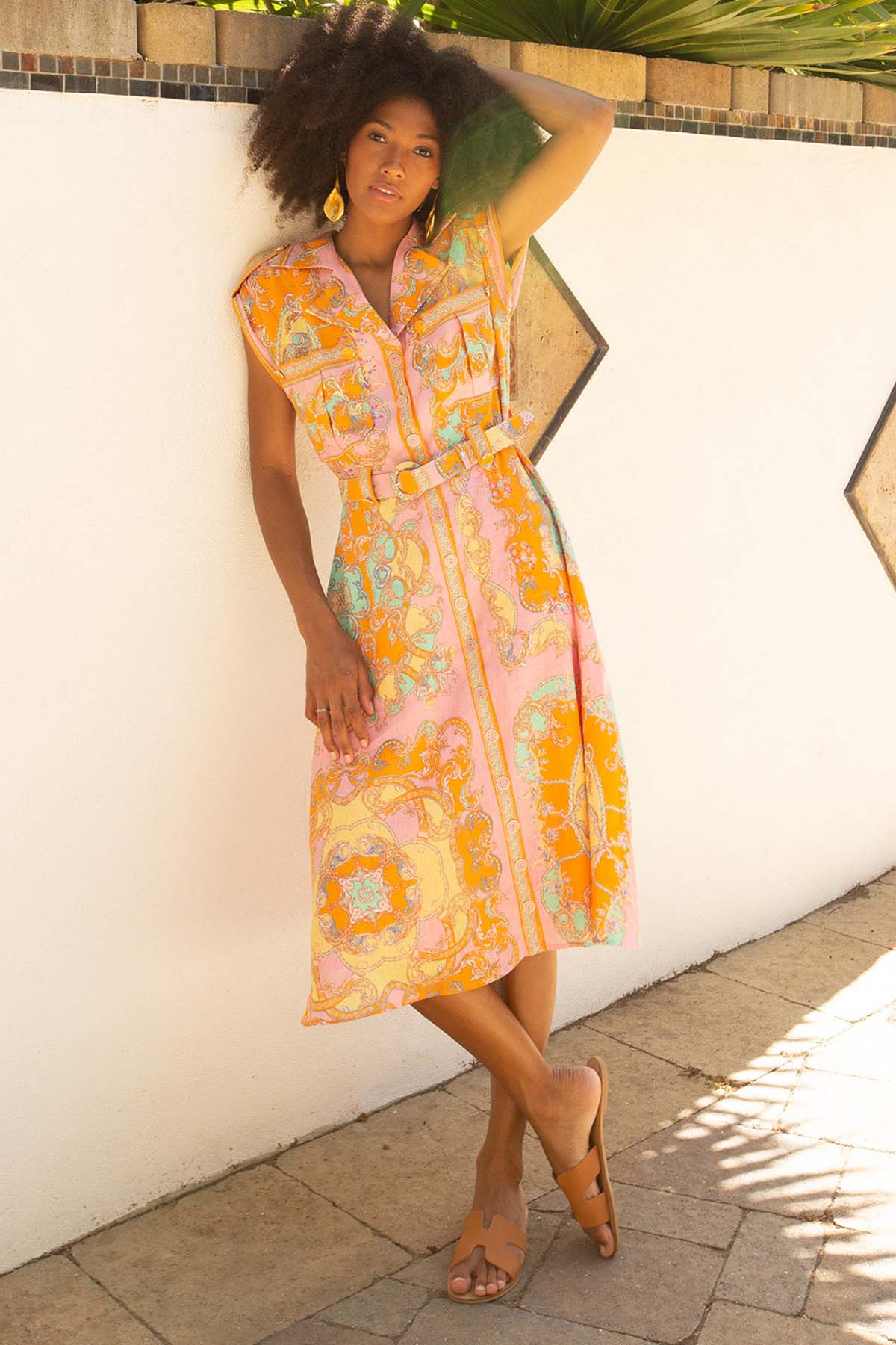 Hale Bob Daisie Kemerli Midi Keten Elbise-Libas Trendy Fashion Store