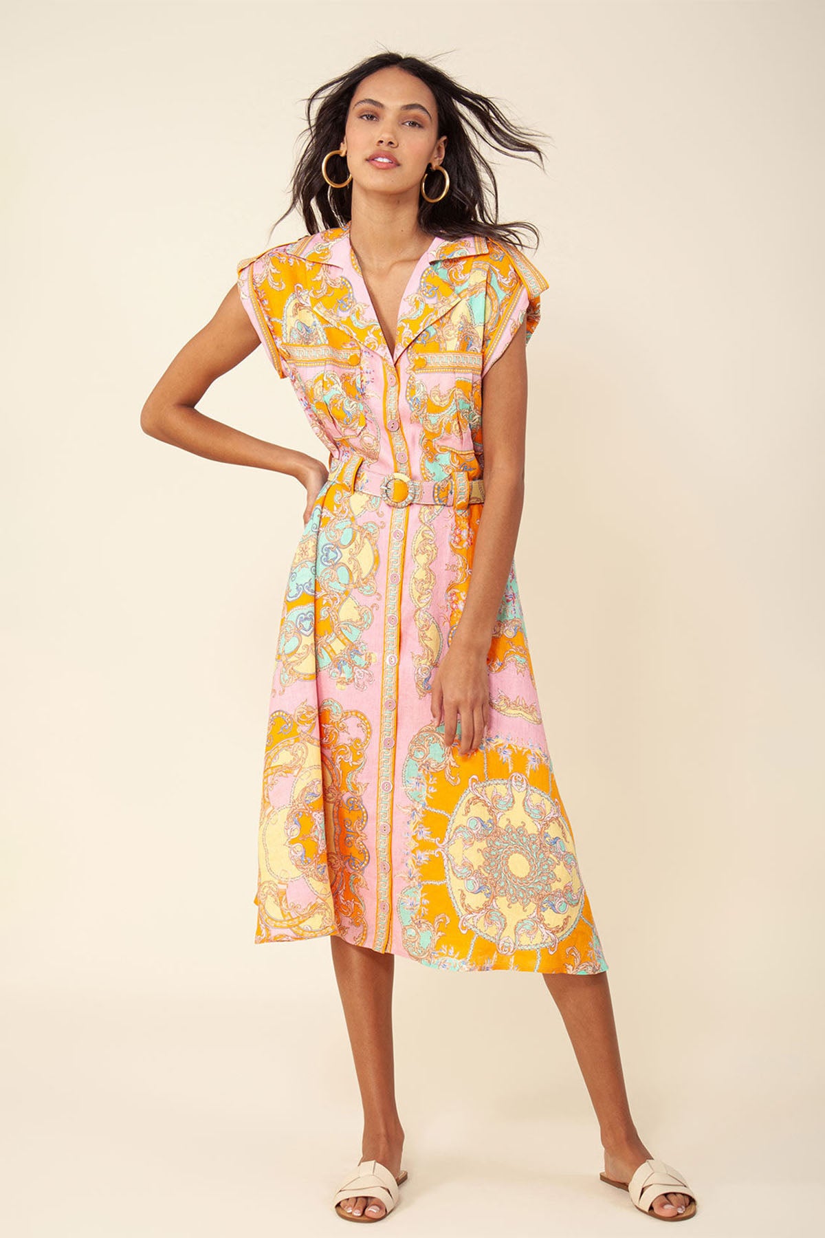 Hale Bob Daisie Kemerli Midi Keten Elbise-Libas Trendy Fashion Store