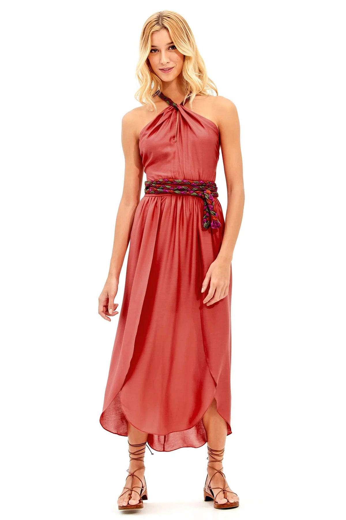 Vix Cris Çapraz Boyundan Bağlamalı İpekli Midi Elbise-Libas Trendy Fashion Store