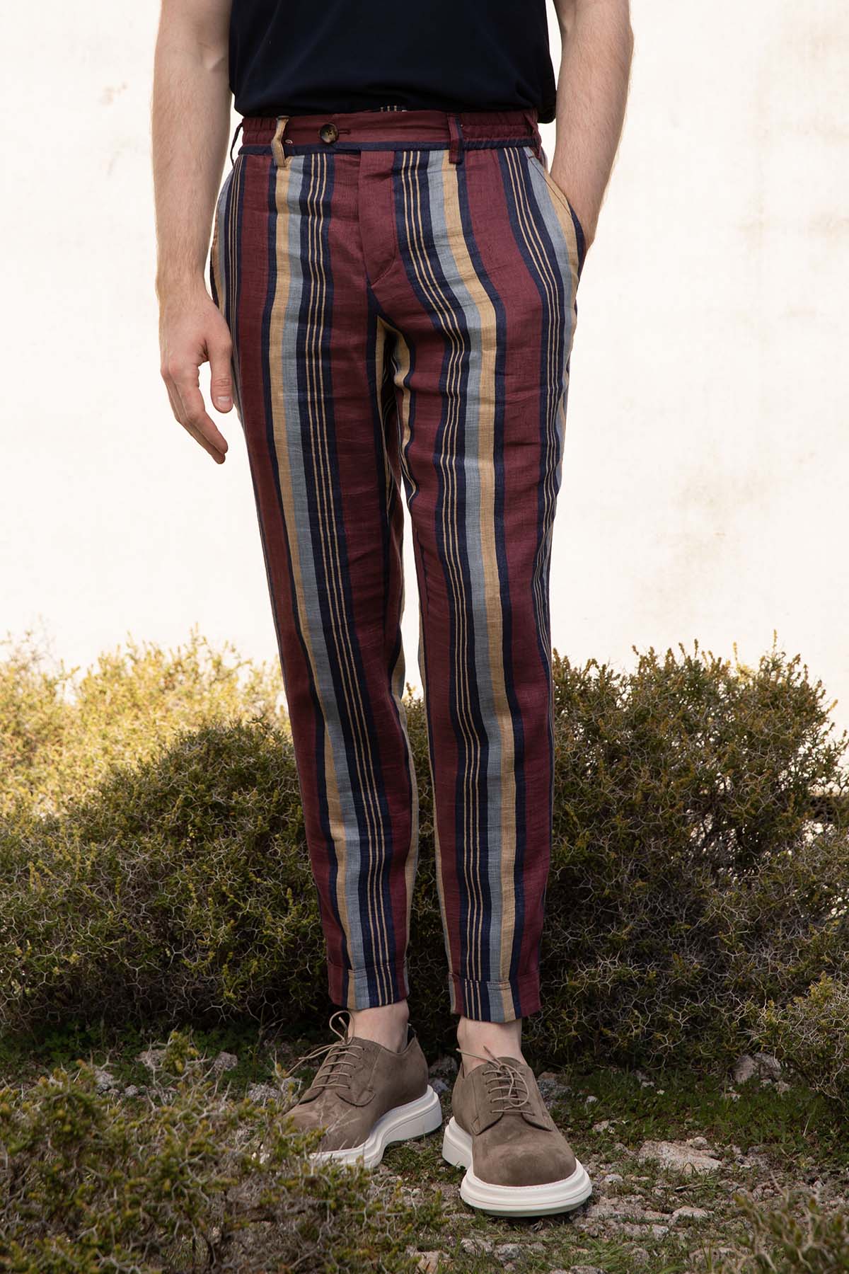 Pantaloni Torino The Rebel Renkli Çizgili Duble Paça Keten Pantolon