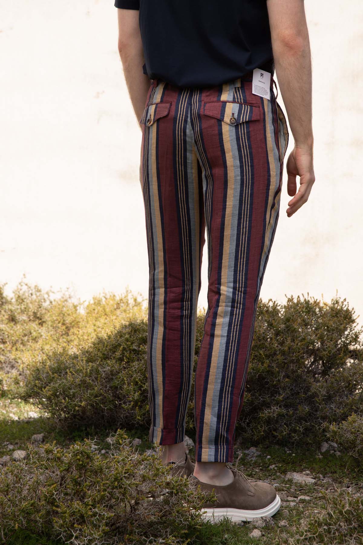 Pantaloni Torino The Rebel Renkli Çizgili Duble Paça Keten Pantolon