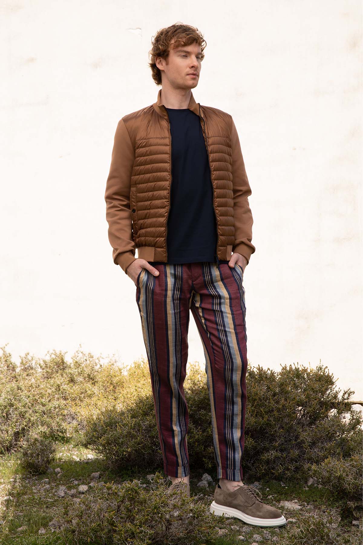 Pantaloni Torino The Rebel Renkli Çizgili Duble Paça Keten Pantolon