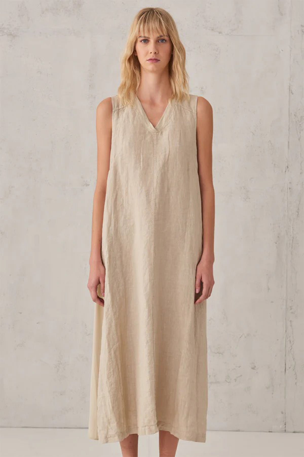 Transit V Yaka Midi Keten Elbise-Libas Trendy Fashion Store