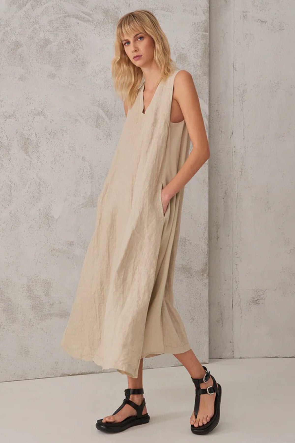 Transit V Yaka Midi Keten Elbise-Libas Trendy Fashion Store