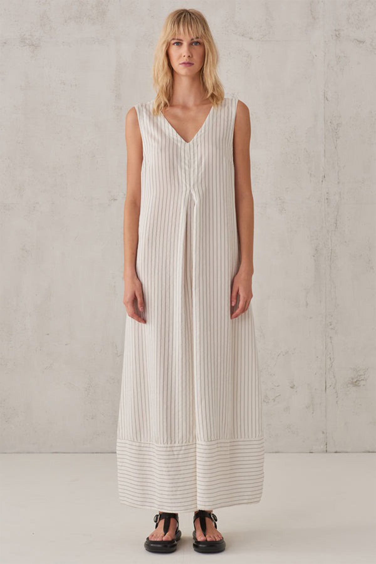 Transit V Yaka Çizgili Tulum-Libas Trendy Fashion Store