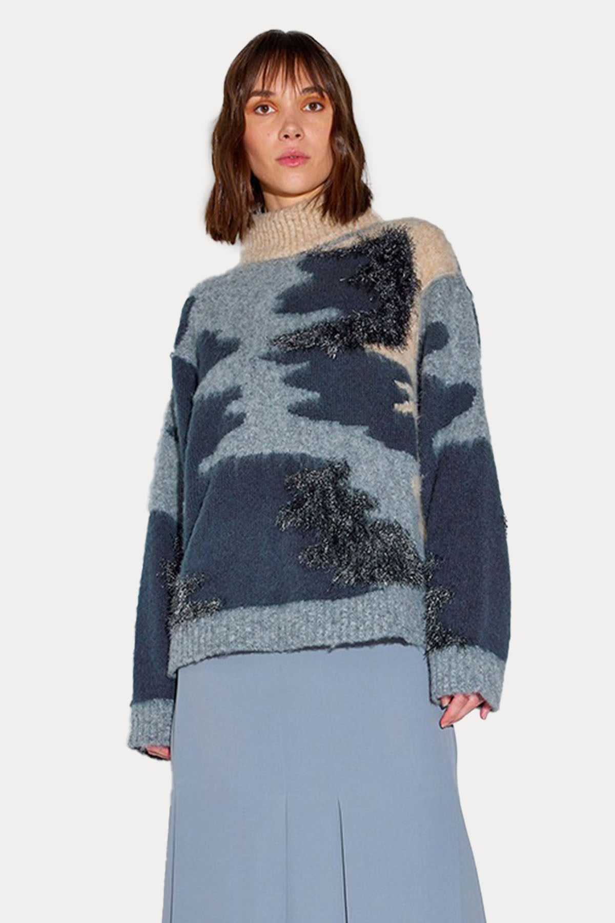 Semicouture Geniş Kesim Kamuflaj Desenli Balıkçı Yaka Triko-Libas Trendy Fashion Store