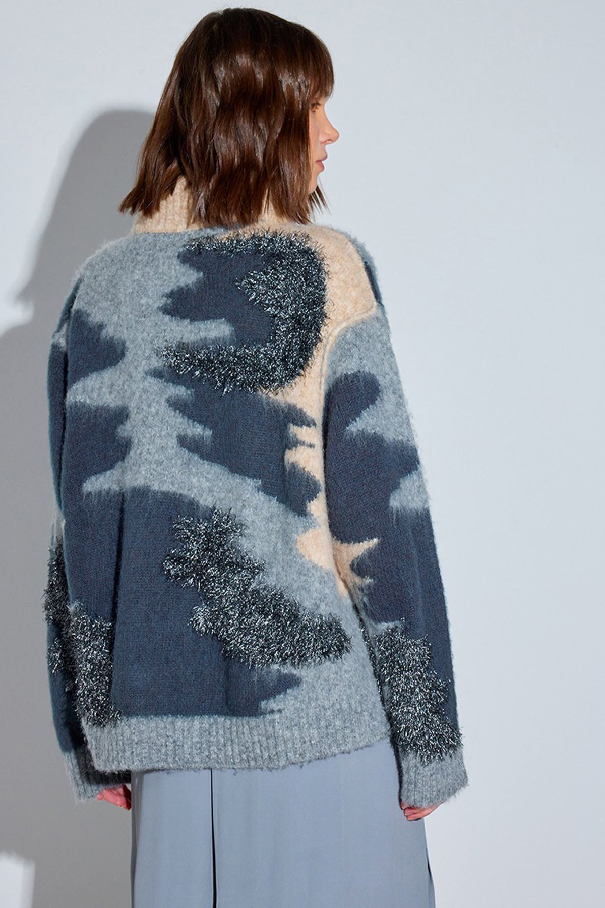 Semicouture Geniş Kesim Kamuflaj Desenli Balıkçı Yaka Triko-Libas Trendy Fashion Store