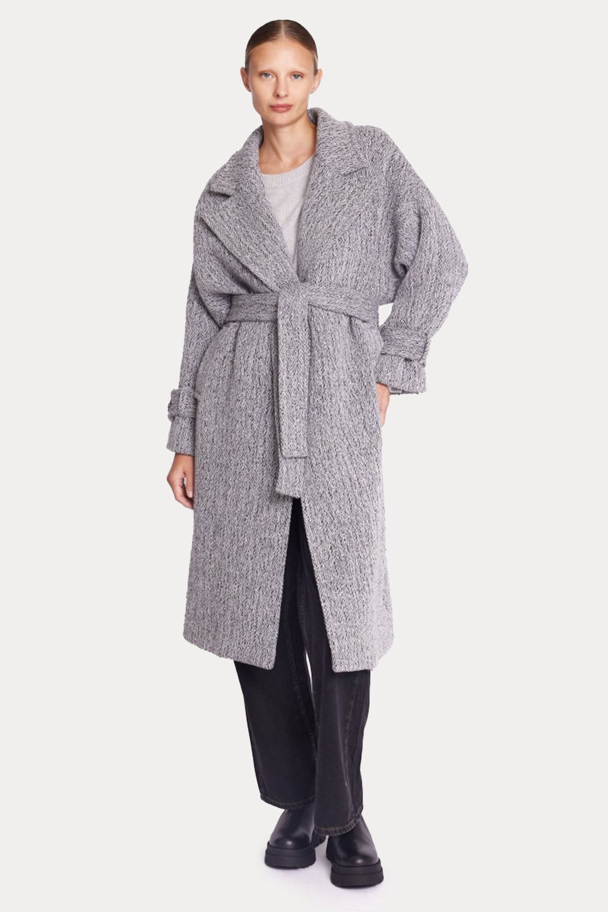 Berenice Marble Kuşaklı İpekli Yün Kaban-Libas Trendy Fashion Store