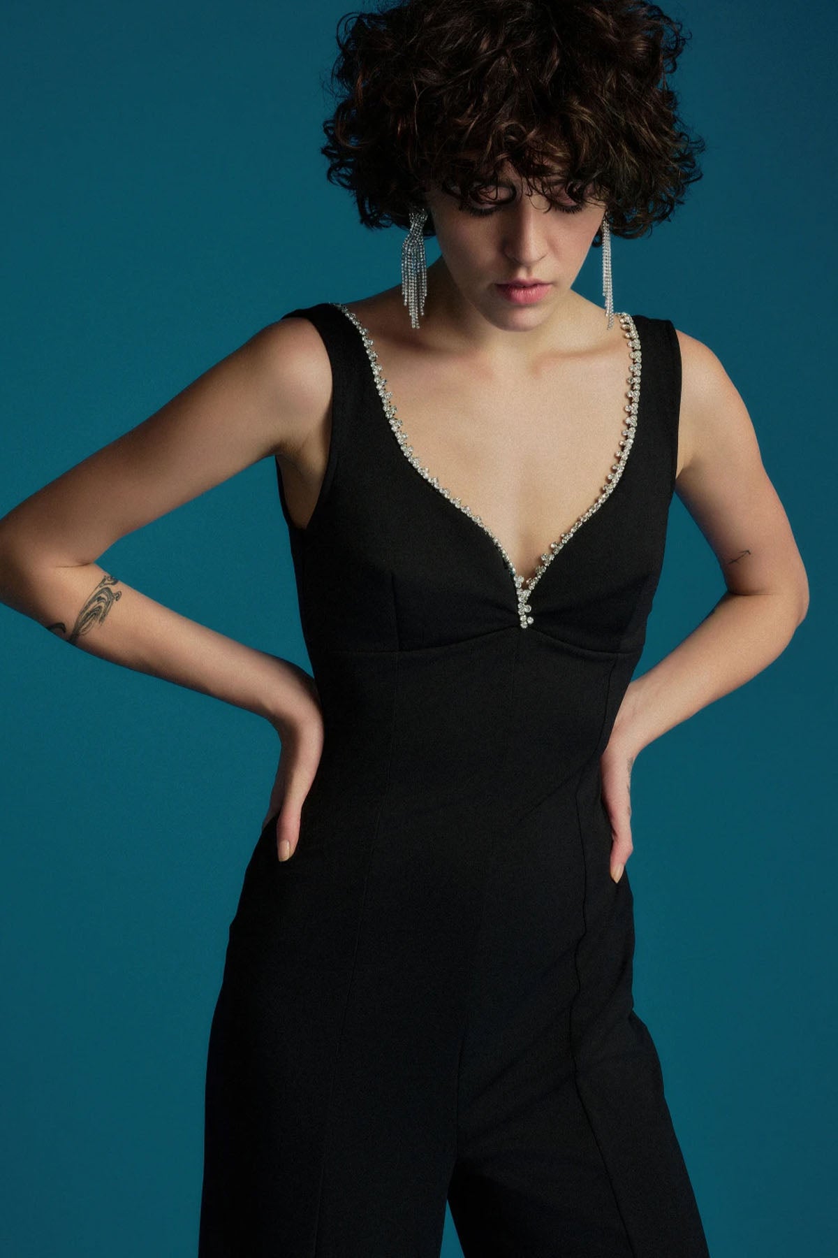 Bsb Parlak Taşlı Kalın Askılı Streç Tulum-Libas Trendy Fashion Store