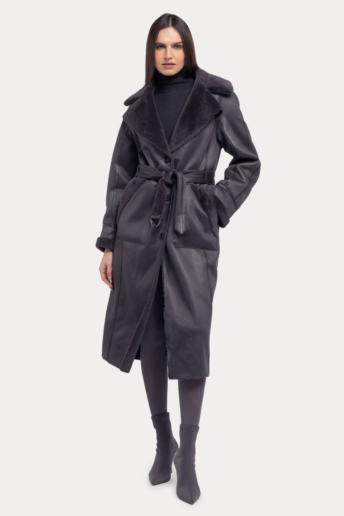 Urbancode Çift Taraflı Eko Kürklü Deri Manto-Libas Trendy Fashion Store