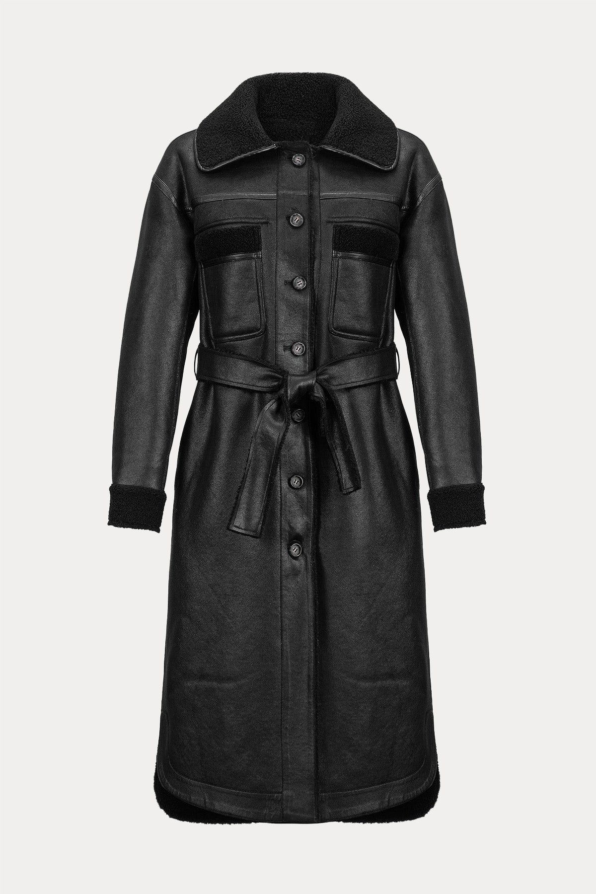 Urbancode Çift Taraflı Kuşaklı Eko Kürklü Deri Manto-Libas Trendy Fashion Store