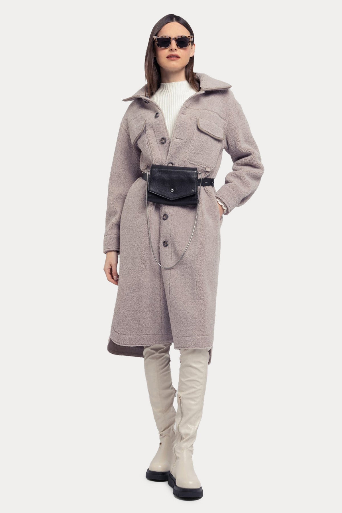 Urbancode Çift Taraflı Kuşaklı Eko Kürklü Deri Manto-Libas Trendy Fashion Store