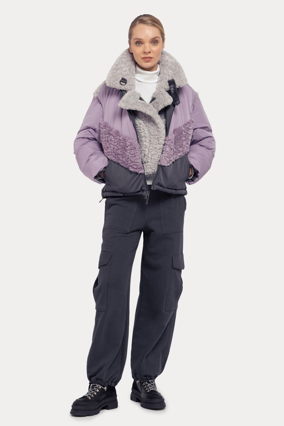 Urbancode Çift Taraflı Eko Kürklü Deri Detaylı Puffer Mont-Libas Trendy Fashion Store